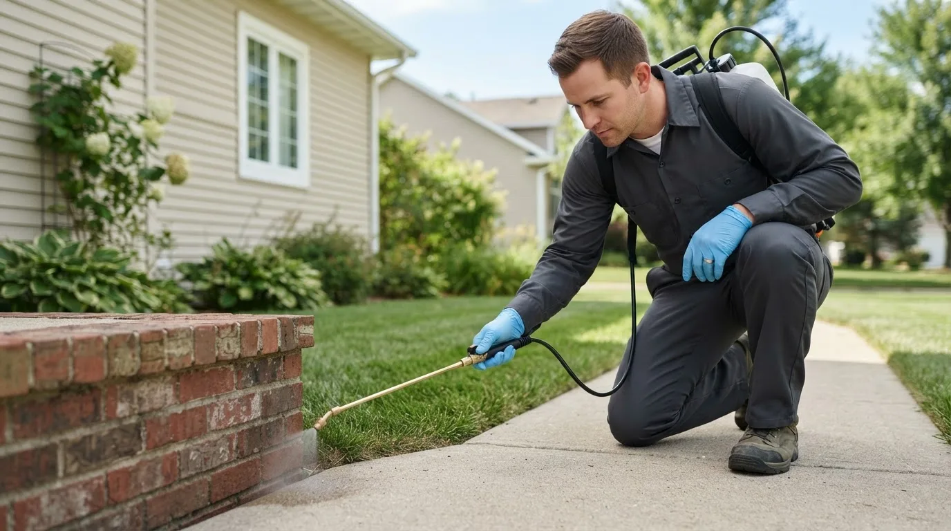 Pest control technician treating a home near Montebello, VA