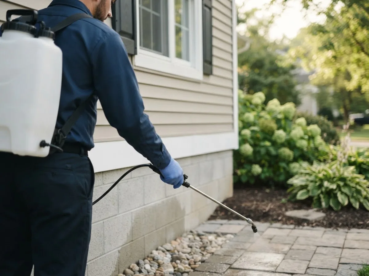 Pest control technician inspecting a home in Montebello, VA